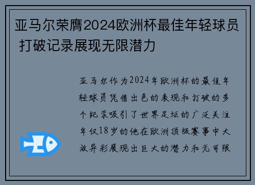 亚马尔荣膺2024欧洲杯最佳年轻球员 打破记录展现无限潜力