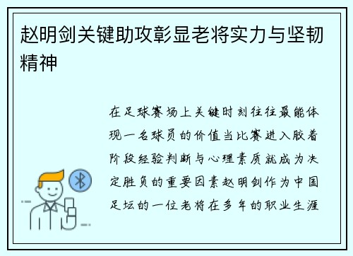 赵明剑关键助攻彰显老将实力与坚韧精神 赵明剑关键助攻彰显老将实力与坚韧精神